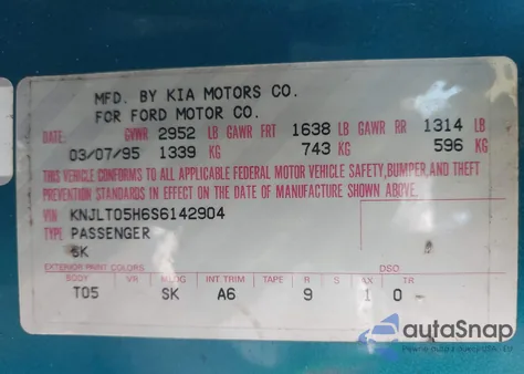 1995 Ford Aspire z USA, uszkodzony, nr VIN KNJLT05H6S6142904